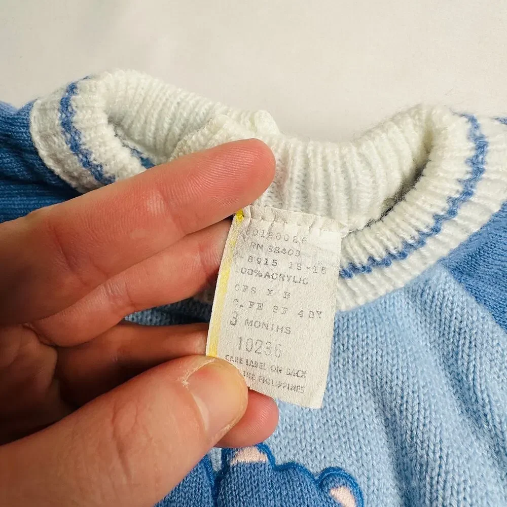 Vintage Story Book Teddy Bears Sweater Blue Knit 2pc Set Outfit Sz 3 mo